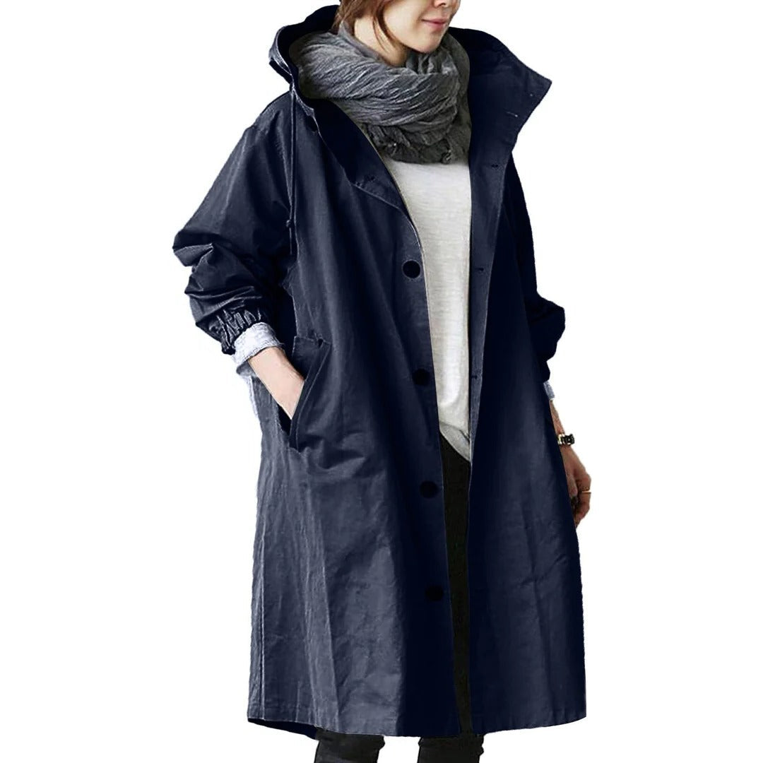 Mid-length waterproof rain jacket with adjustable hood and storage pockets, lightweight weather protection