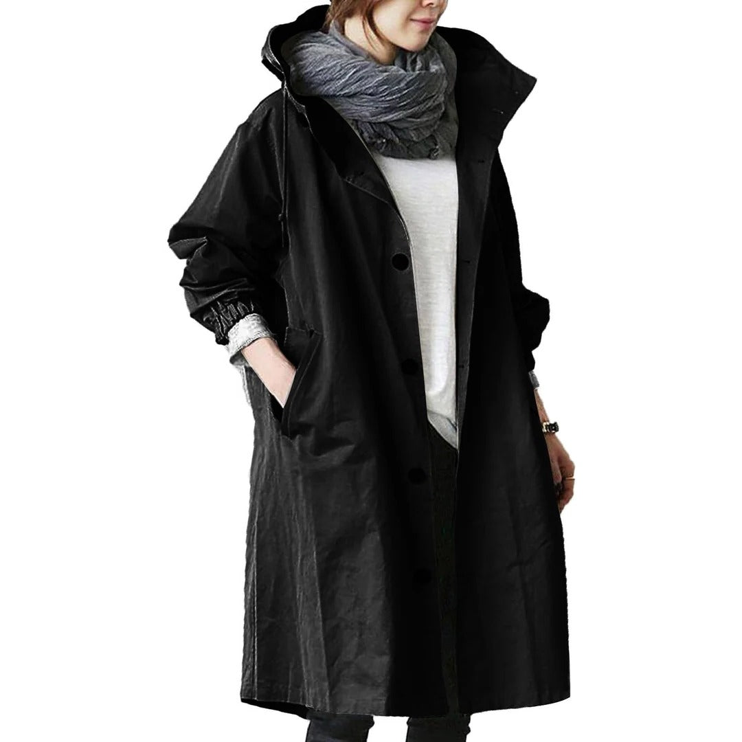 Mid-length waterproof rain jacket with adjustable hood and storage pockets, lightweight weather protection