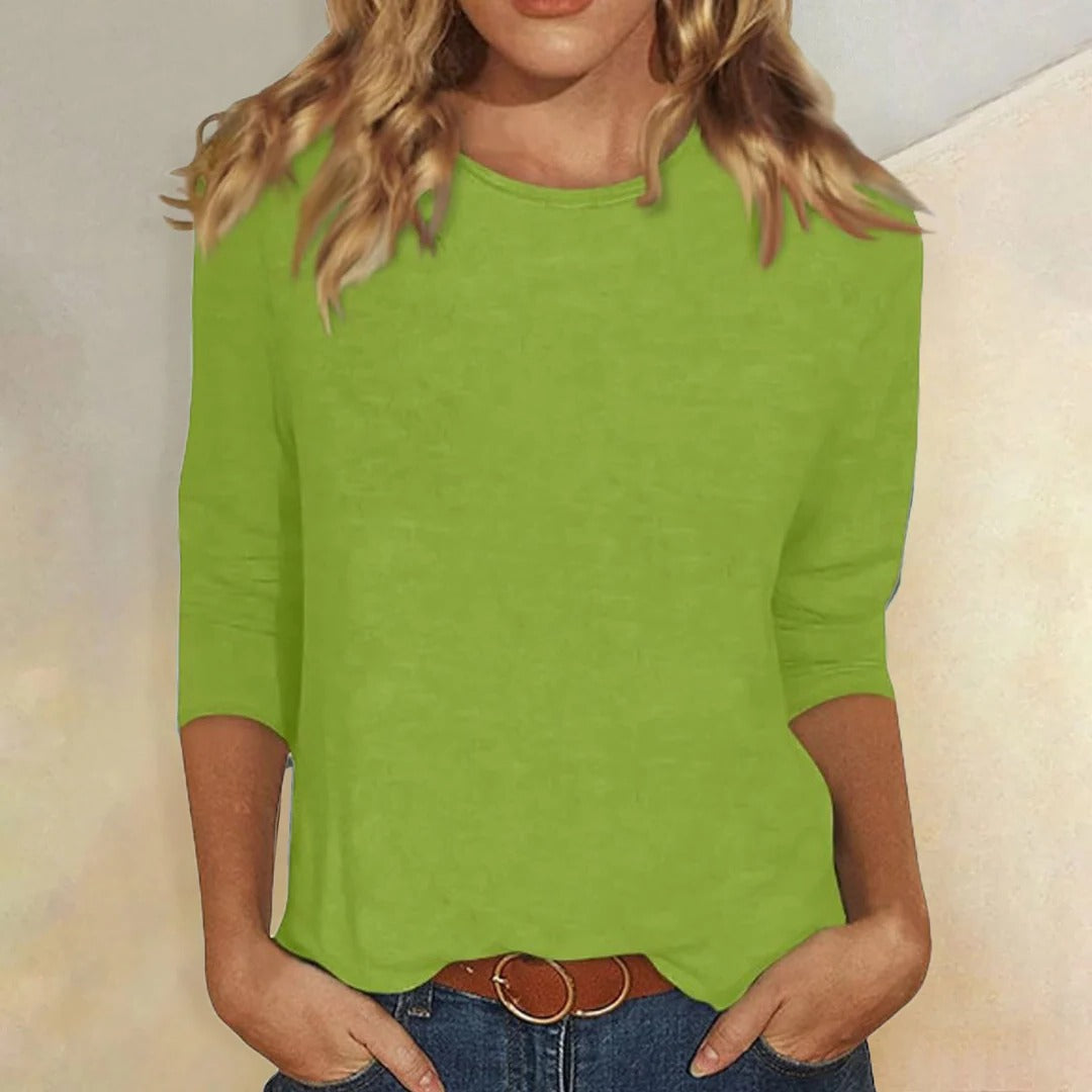 Women's solid crew neck 3/4 sleeve casual top in smooth finish, effortlessly versatile everyday layer