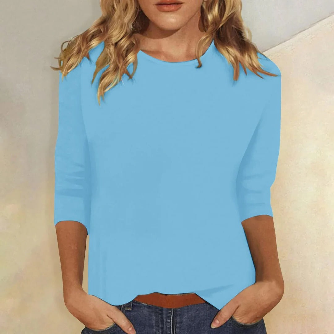 Women's solid crew neck 3/4 sleeve casual top, smooth finish versatile everyday layering piece