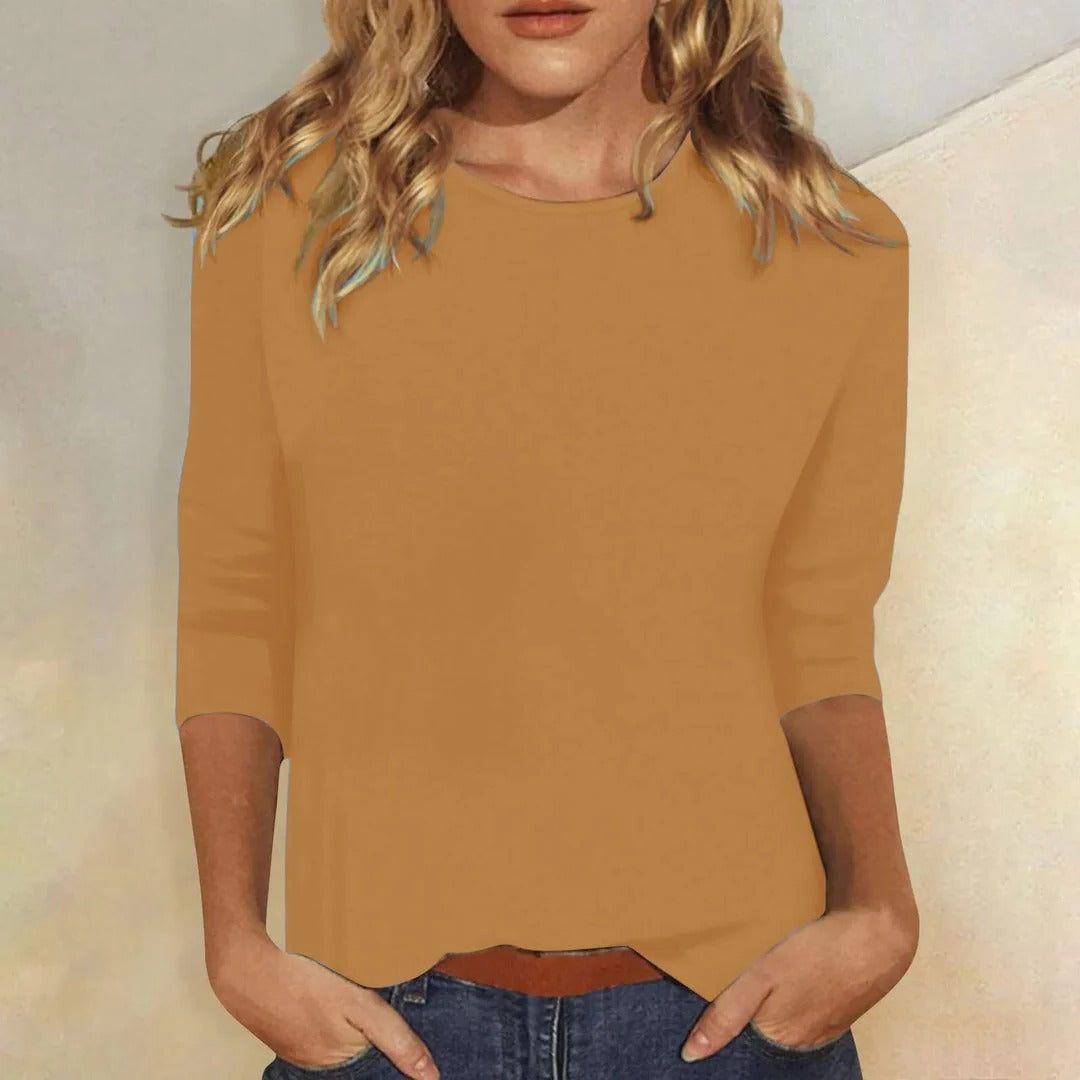 Women's solid crew neck 3/4 sleeve casual top, smooth finish, effortless everyday layering essential