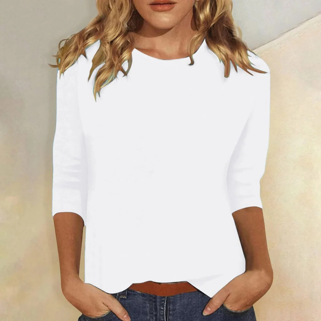 Women's solid crew neck 3/4 sleeve casual top — smooth finish, effortless everyday layering style