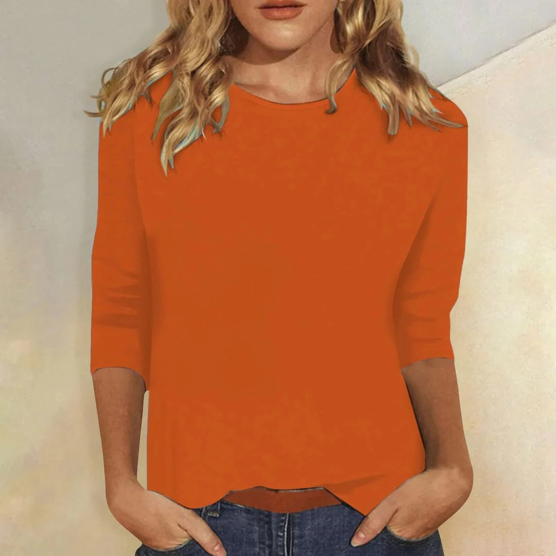 Women's solid crew neck 3/4 sleeve casual top in smooth finish, effortlessly versatile everyday layer