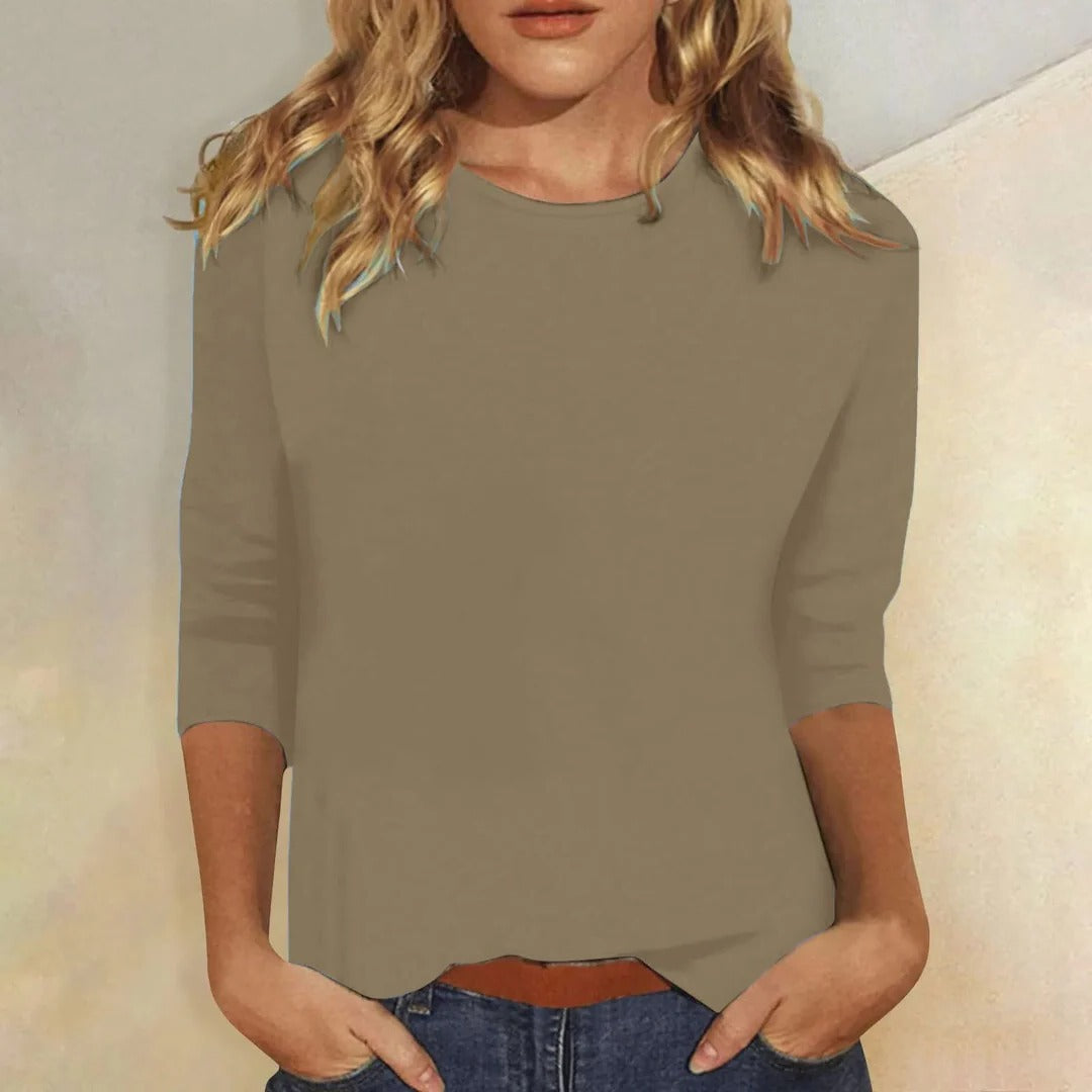 Women's solid crew neck 3/4 sleeve casual top in smooth finish, effortless everyday layering piece