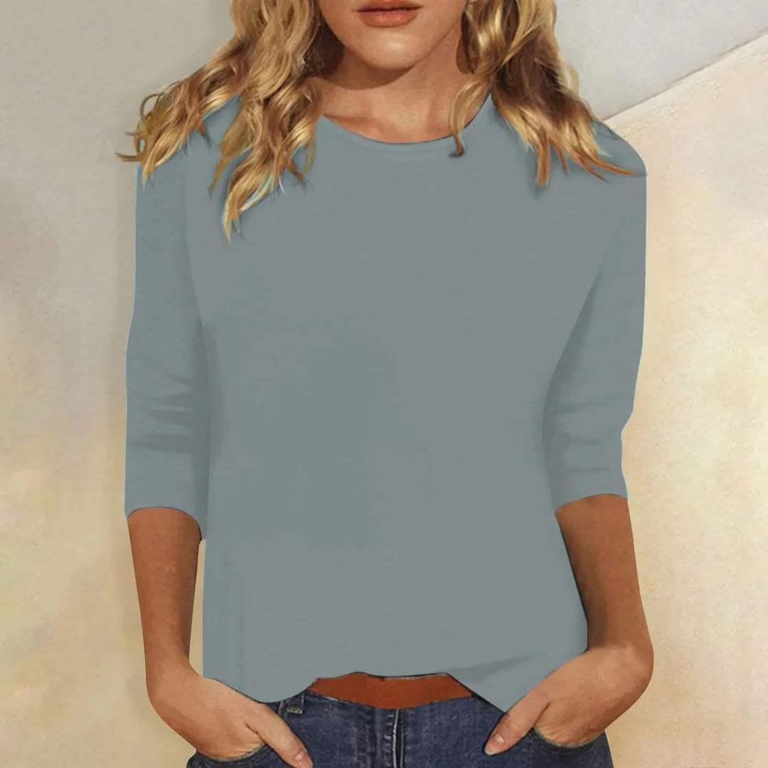 Women's solid crew neck 3/4 sleeve casual top, smooth finish versatile everyday layering piece