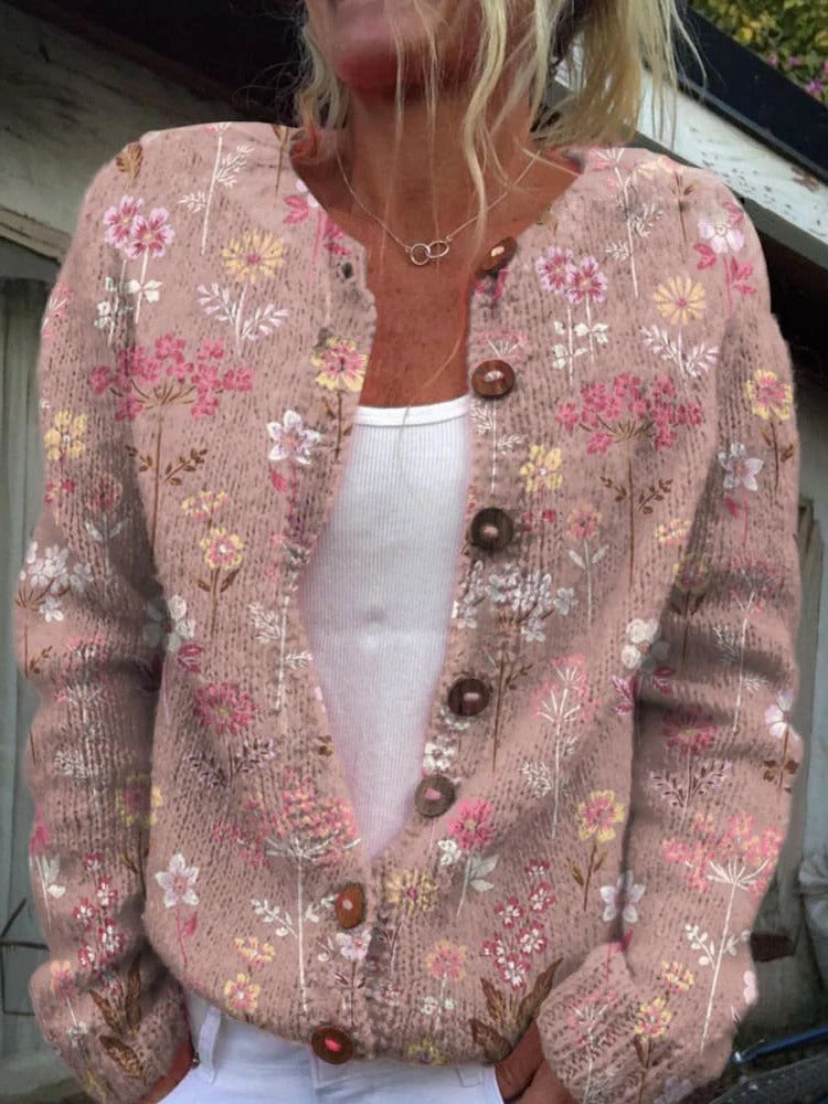 Women's floral structured knit cardigan with button front, chic layering essential for versatile outfits