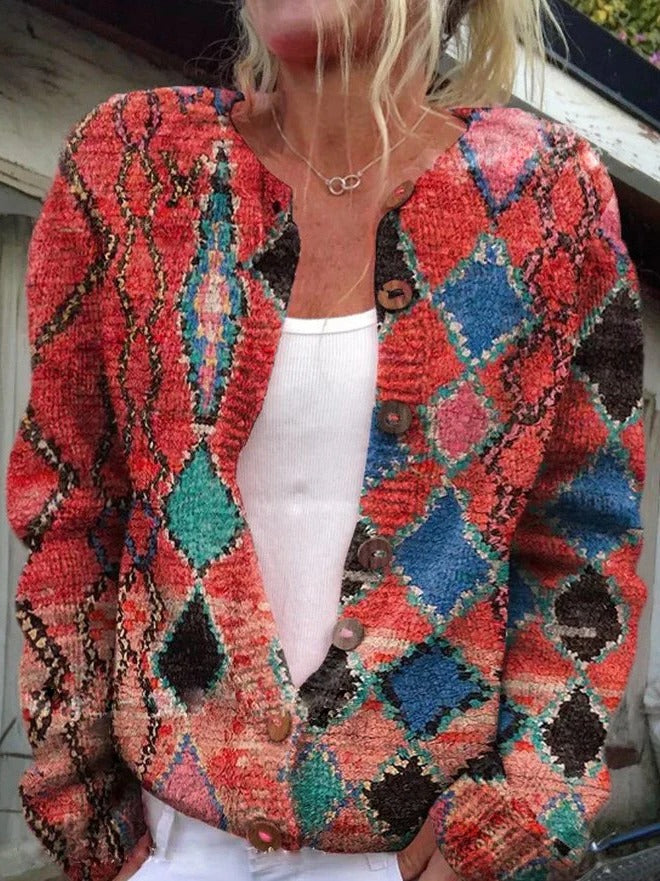 Women's floral structured knit cardigan with button-front closure, chic layering essential