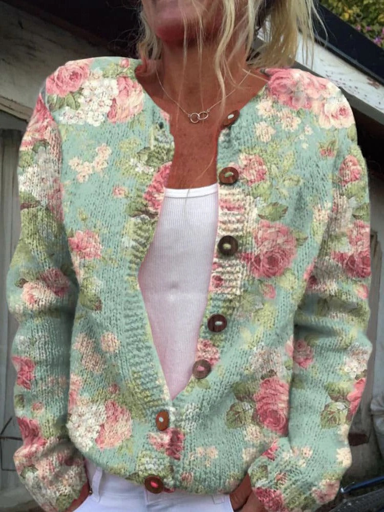 Women's floral structured knit cardigan with button-front opening, chic layering essential