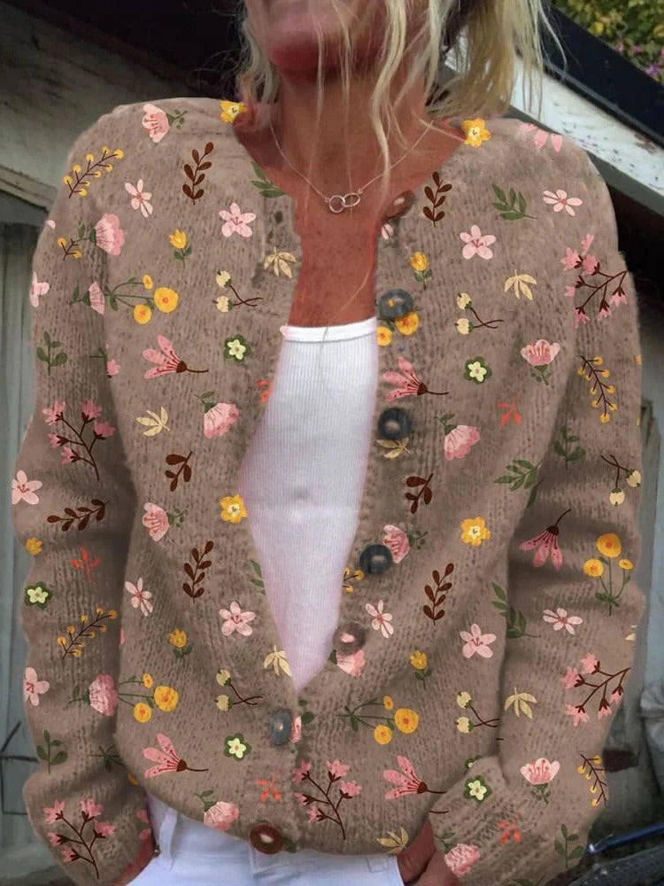 Women's floral structured knit cardigan with button-front closure, chic layering essential