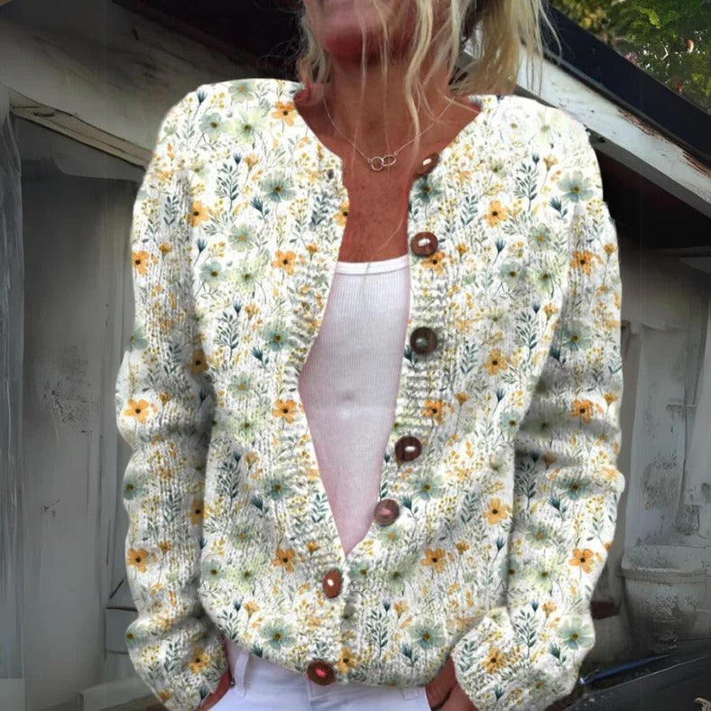 Women's floral structured knit cardigan with button-front closure, chic layering essential