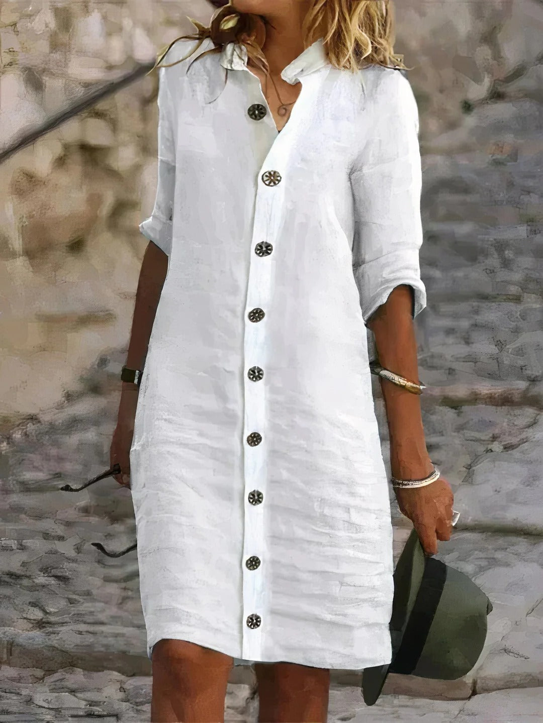 Women's button-front shirt dress mid-length straight-fit warm-weather versatile staple with full-length buttons
