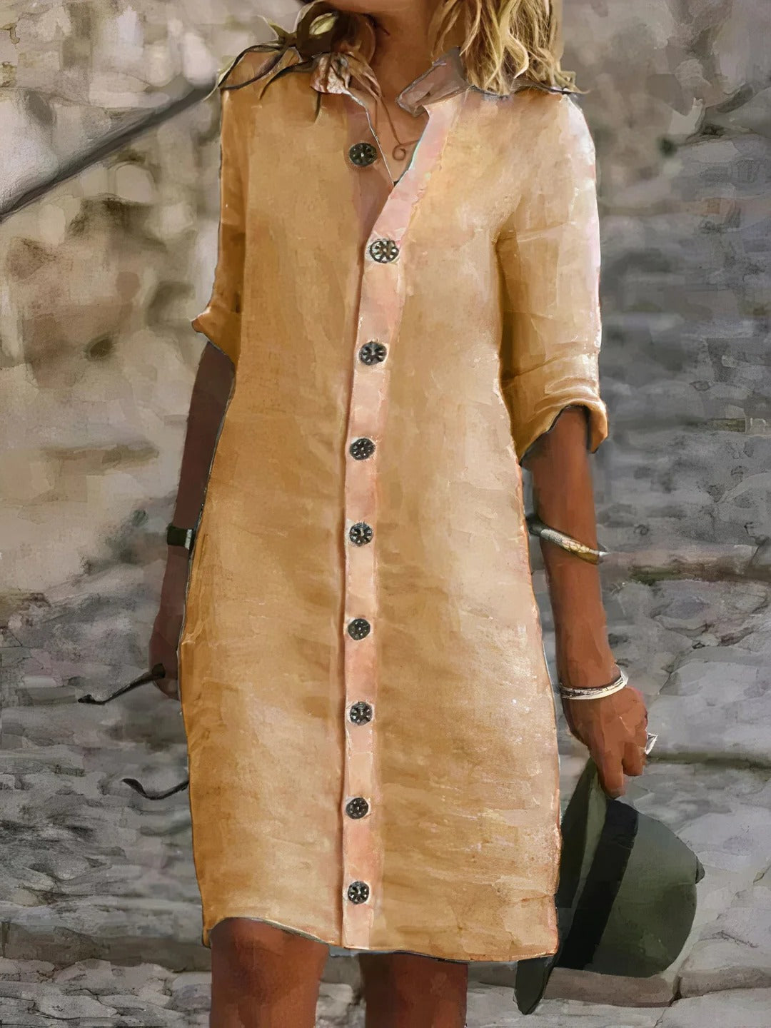 Women's mid-length straight-fit button front shirt dress in a classic warm-weather style