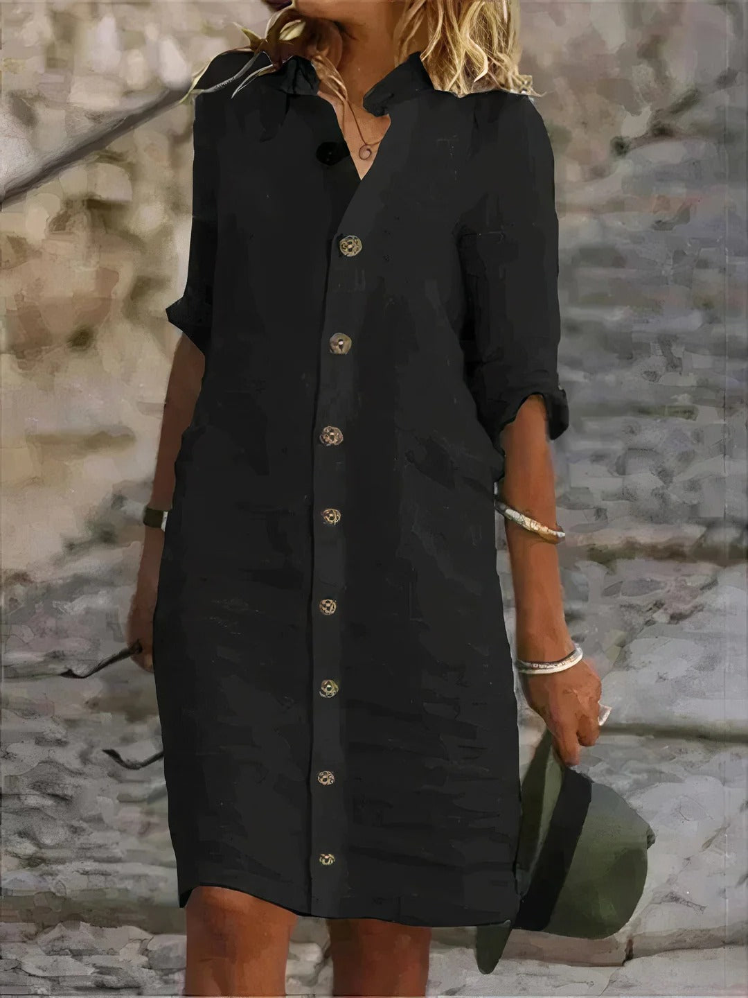 Women's button front shirt dress mid-length straight fit warm-weather versatile everyday staple