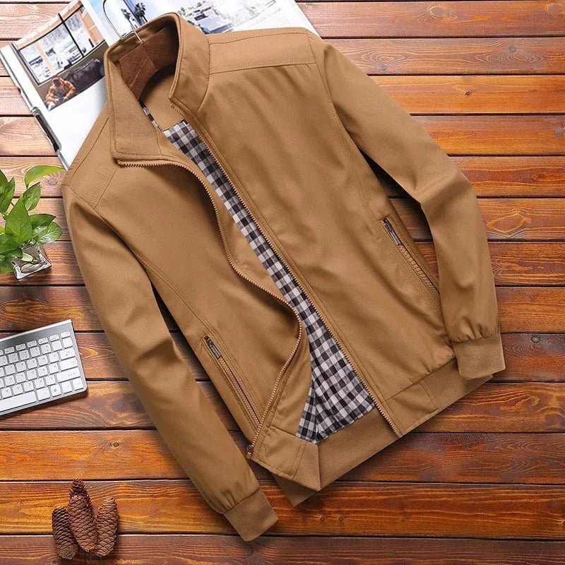 Men's high collar summer jacket structured fit lightweight transitional layer modern slim silhouette
