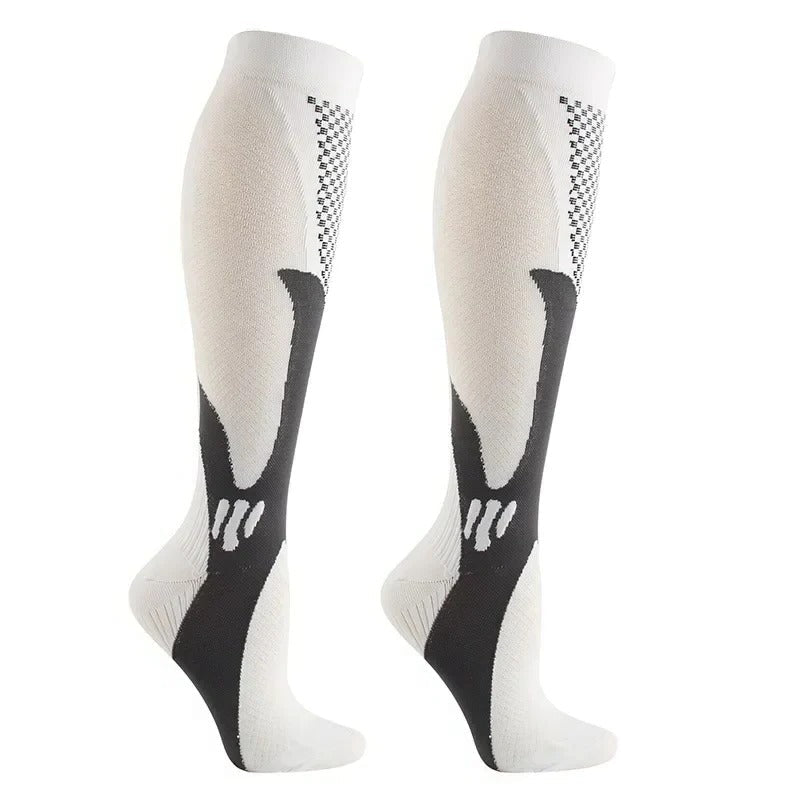 Beige knee-high supportive stockings with elastic stretch support and plain uniform finish for daily wear