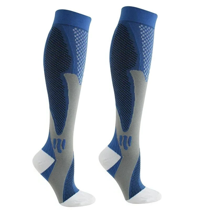 Beige knee-high supportive stockings with elastic stretch support for daily wear and lower leg relief