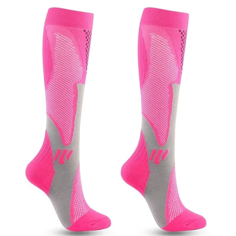 Beige knee-high supportive stockings with elastic stretch support for daily standing and sitting use