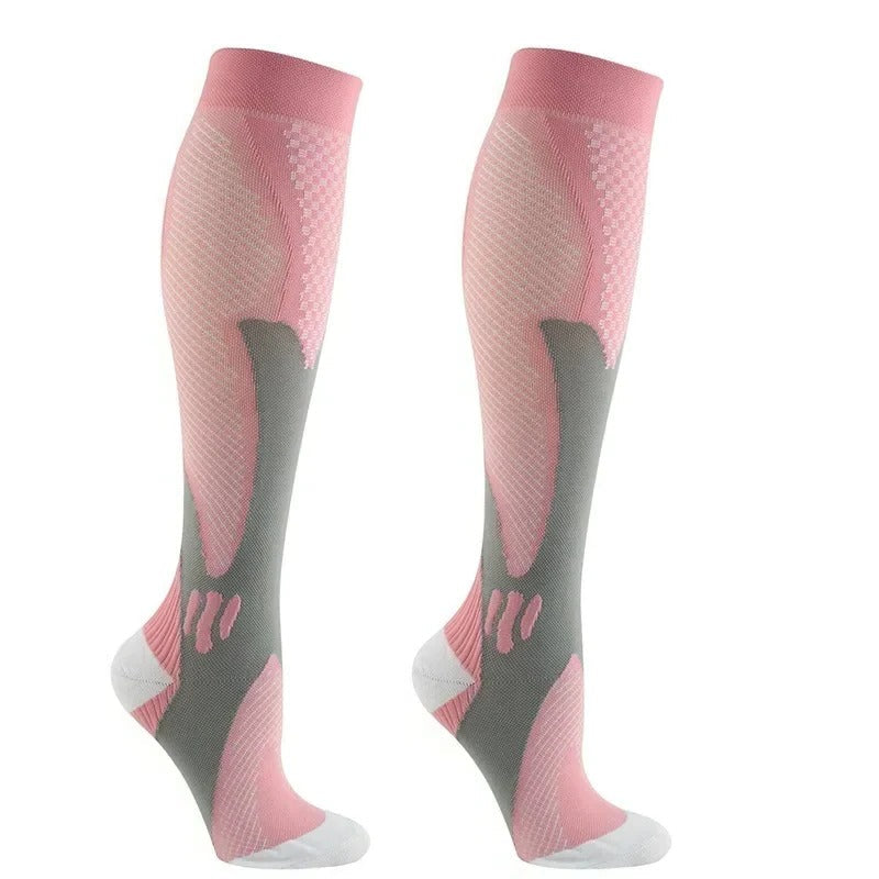 Beige knee-high supportive stockings with elastic stretch support and plain uniform finish for daily wear