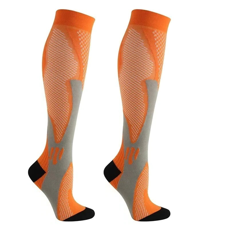 Beige knee-high supportive stockings with elastic stretch support and plain uniform finish for daily wear