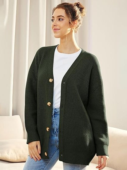 Women's oversized V-neck cardigan in cozy knit with dropped shoulders and front button closure