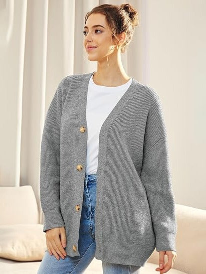 Women's oversized v-neck cardigan cozy button closure dropped shoulder layering essential