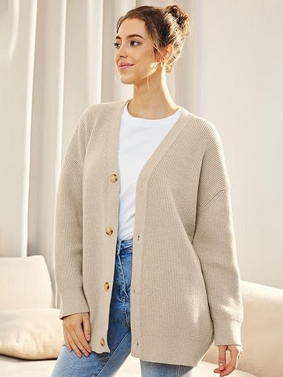 Women's oversized v-neck cardigan cozy layering essential with button closure dropped shoulder fit