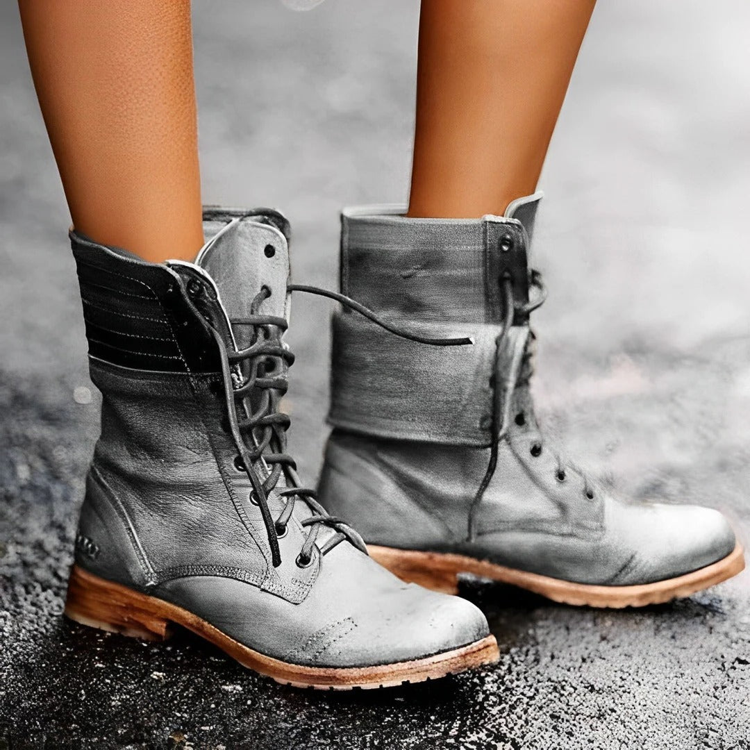 Brown lace-up ankle boots with vintage design, structured silhouette, and non-slip sole