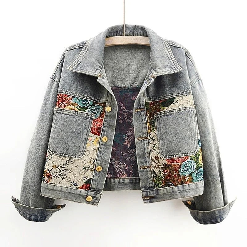 Women's cropped denim jacket with hand-painted floral motifs, artisanal unique wearable art piece
