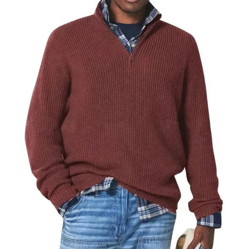 Men's classic crewneck sweater in neutral tone, soft plush knit texture with timeless minimalist everyday style