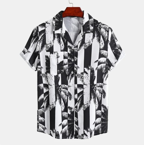 Men's blue tropical palm tree print Hawaiian shirt short sleeve relaxed fit casual summer top