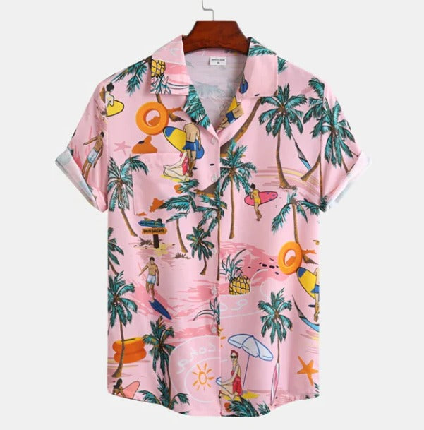 Men's blue tropical palm tree print Hawaiian shirt, short sleeve relaxed fit casual summer top