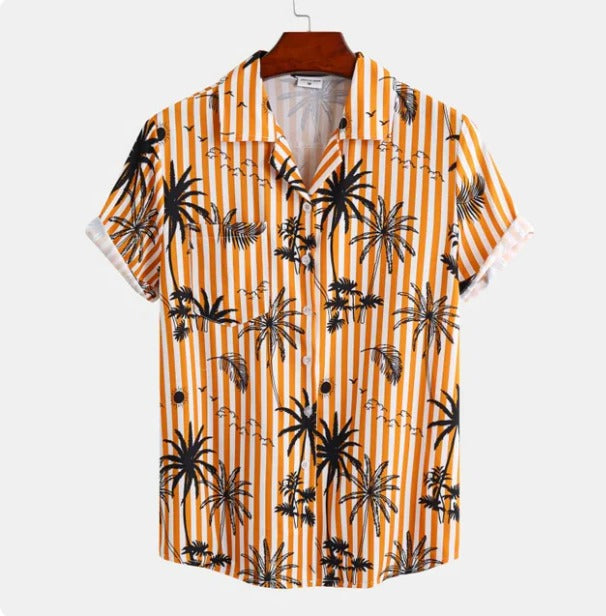 Men's blue tropical palm tree print Hawaiian shirt relaxed fit short sleeve casual summer top