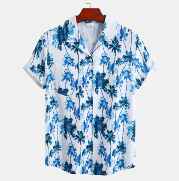 Men's blue tropical palm tree print Hawaiian shirt, short sleeve relaxed fit casual summer top