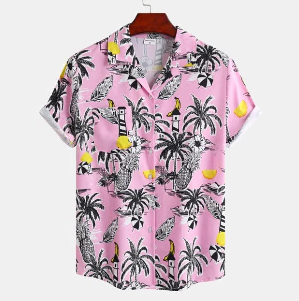 Men's blue tropical palm tree print Hawaiian shirt, short sleeve relaxed fit casual summer top