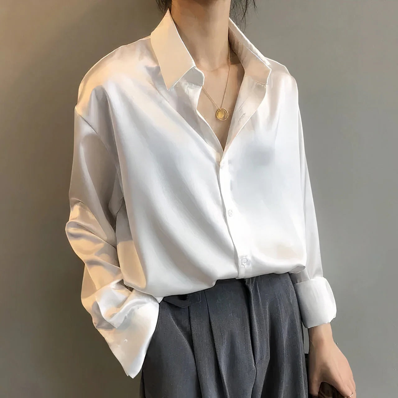 Women's sage green satin button-down blouse long sleeve collared shirt with lustrous finish