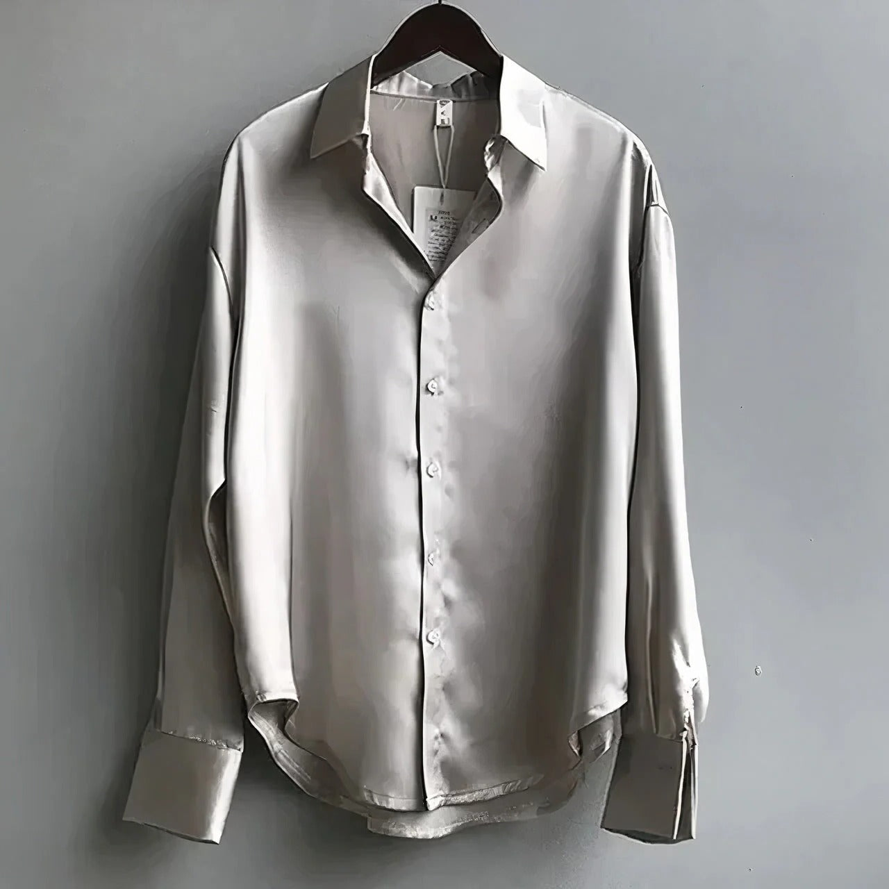 Women's sage green satin button-down blouse long sleeve collared shirt with lustrous finish