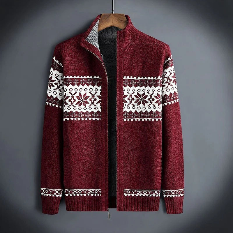 Men's knitted winter jacket zip front regular fit Nordic pattern warm coat daily wear