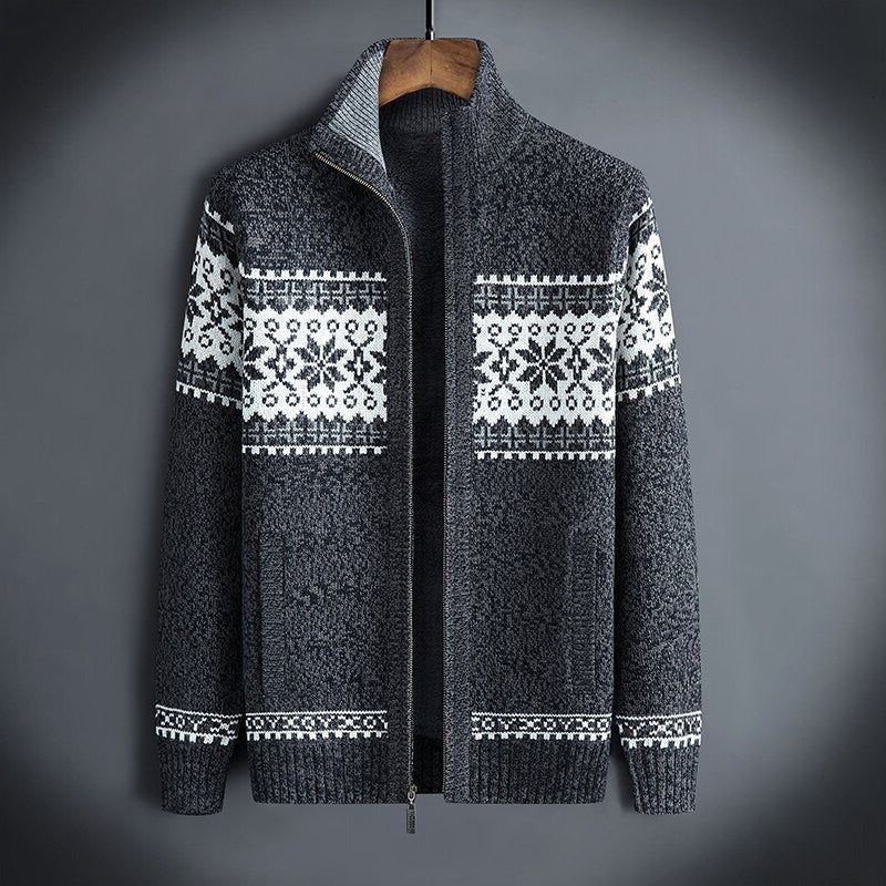 Men's knitted winter jacket zip front regular fit Nordic pattern warm insulated coat