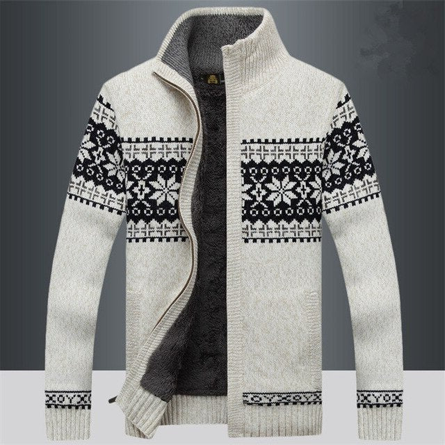 Men's knitted winter jacket zip front Nordic pattern regular fit warm daily wear coat