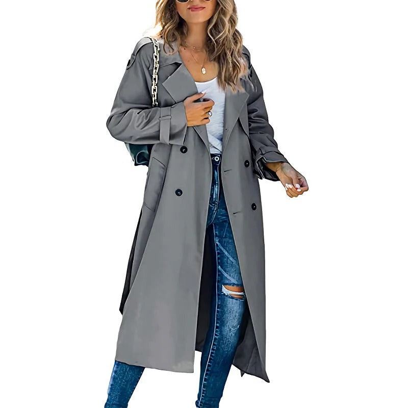 Women's long trench coat classic chic silhouette transitional spring autumn wear with sleek extended coverage