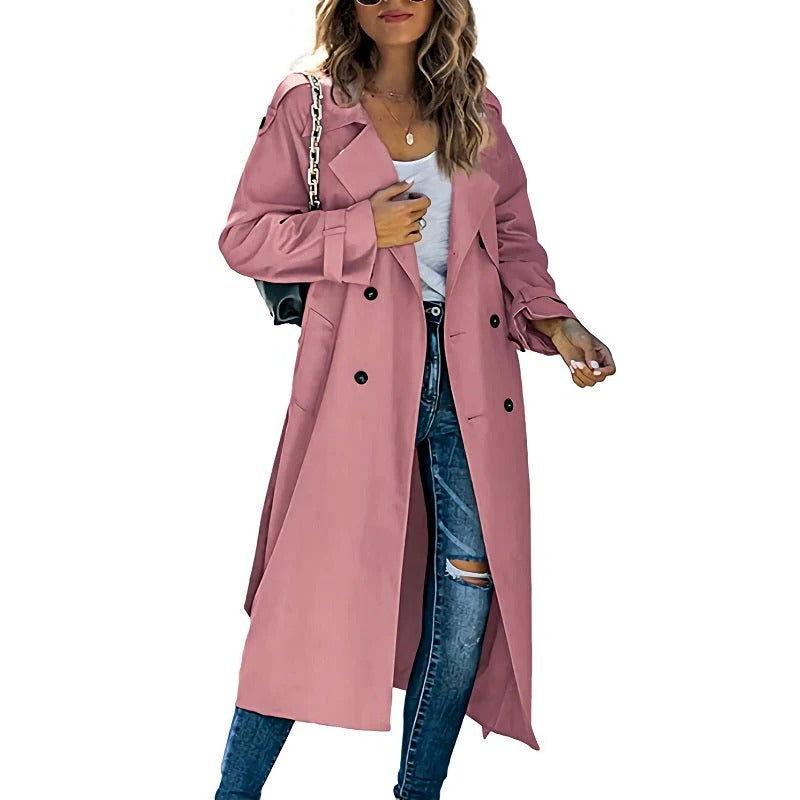 Women's long trench coat in classic neutral tone, chic streamlined silhouette with extended length for spring