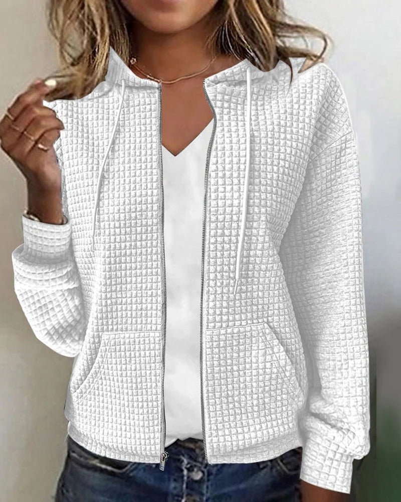 Women's hooded zip cardigan cozy casual chic everyday layering piece with full-length zipper closure