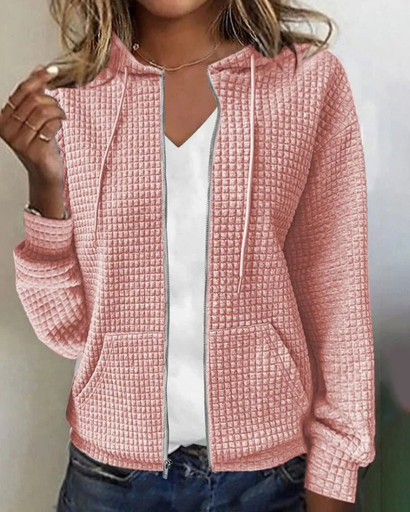 Women's hooded zip cardigan cozy casual chic everyday wear relaxed silhouette layering piece