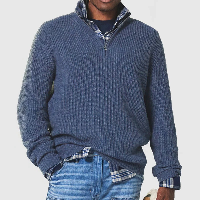 Men's grey knit sweater half-zip collar smart casual slim fit ribbed texture all-day comfort