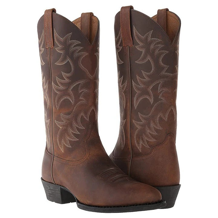 Men's mid-calf brown cowboy boots with pointed toe and classic Western decorative stitching