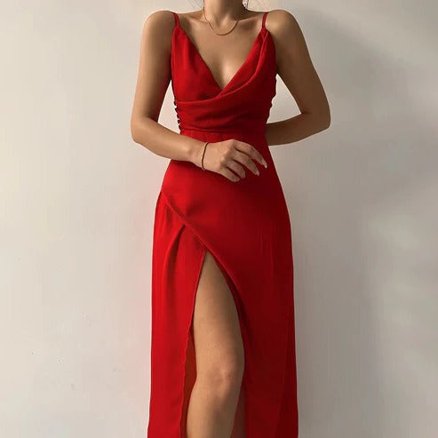 Black red maxi dress flattering floor-length silhouette elegant formal occasion wear