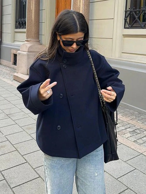 Women's double-breasted short coat hip-length structured silhouette for casual and office wear