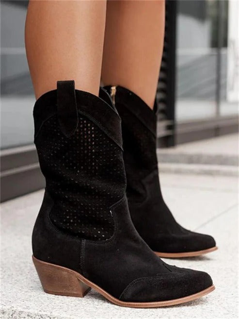 Women's western cowboy boots in tan leather with perforated details and classic block heel