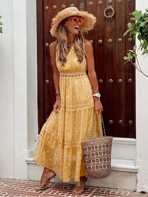 Women's boho maxi dress in flowy silhouette, lightweight breathable fabric for beach and festival style