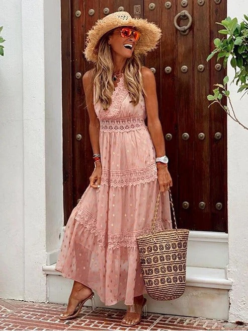Women's boho maxi dress in flowy silhouette, lightweight breathable fabric for beach and festival summer style